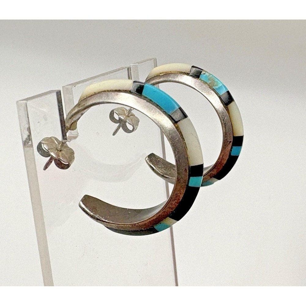 Vintage Zuni Sterling Silver Inlaid Hoop Earrings Turquoise Onyx Mother of Pearl